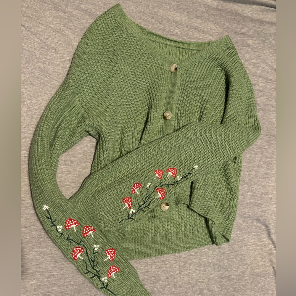 Green Embroidered Mushroom Cardigan Sweater